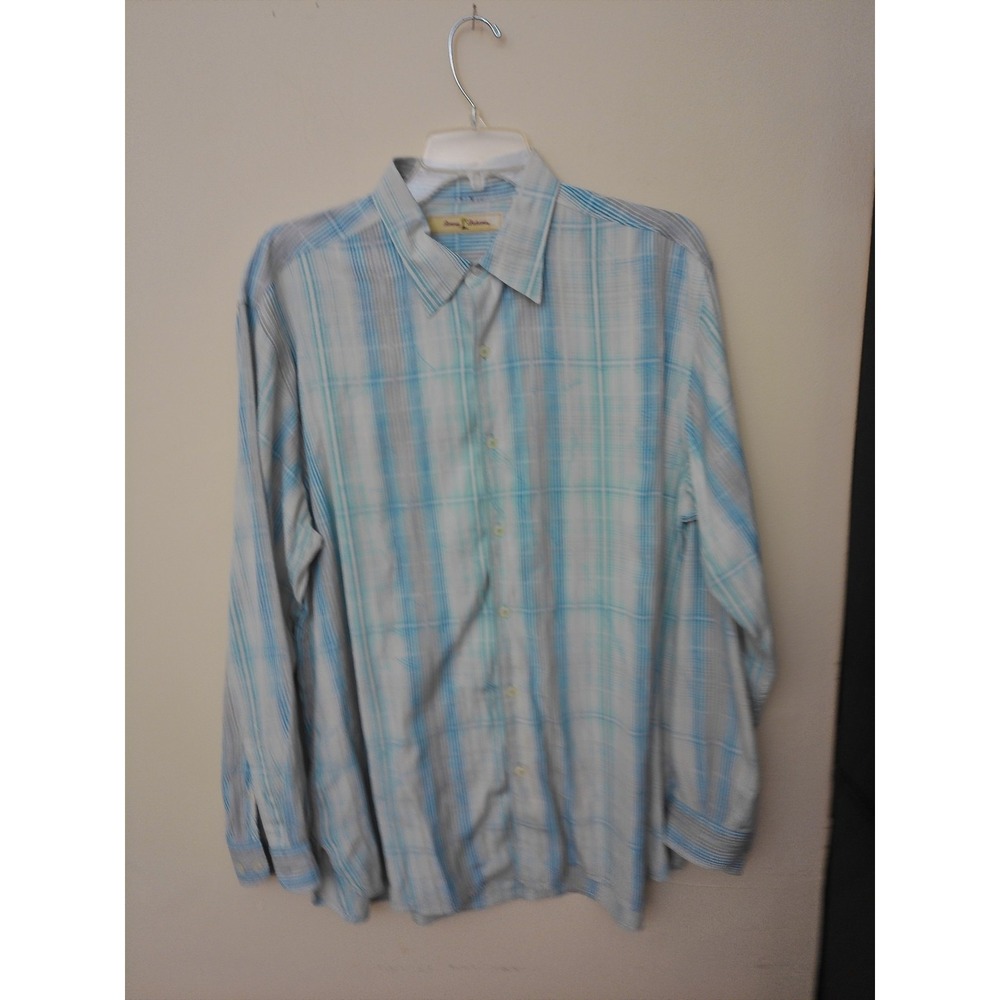 Tommy‎ Bahama Shirt Mens Blue Plaid Long Sleeve Button Down Size L Silk Blend